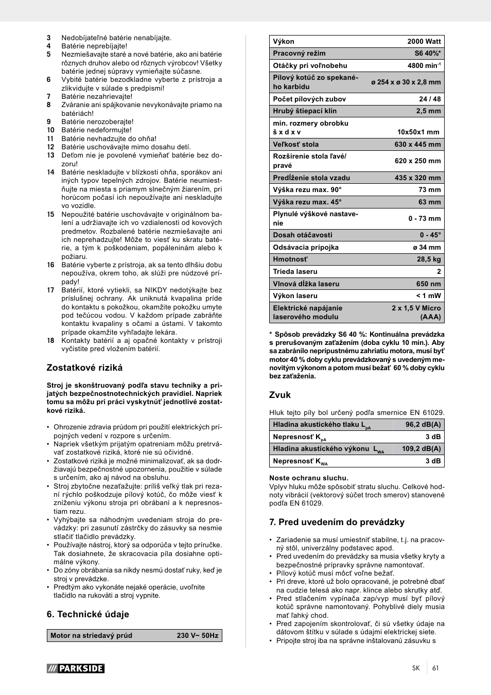 Zostatkové riziká, Technické údaje, Zvuk | Pred uvedením do prevádzky | Parkside PTK 2000 A1 User Manual | Page 66 / 90
