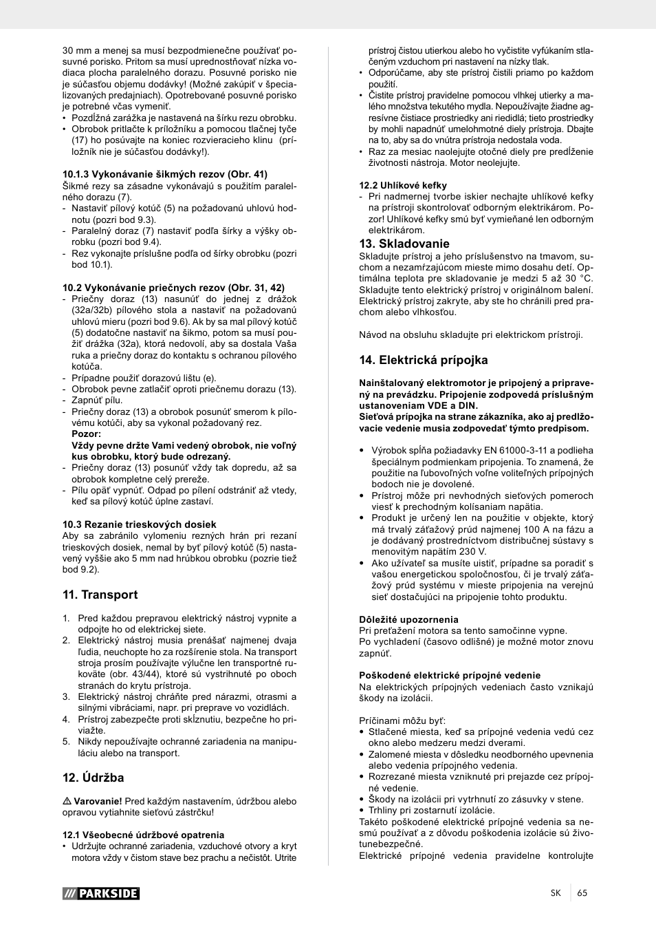 Skladovanie, Elektrická prípojka, Transport | Údržba | Parkside PTK 2000 A1 User Manual | Page 70 / 90