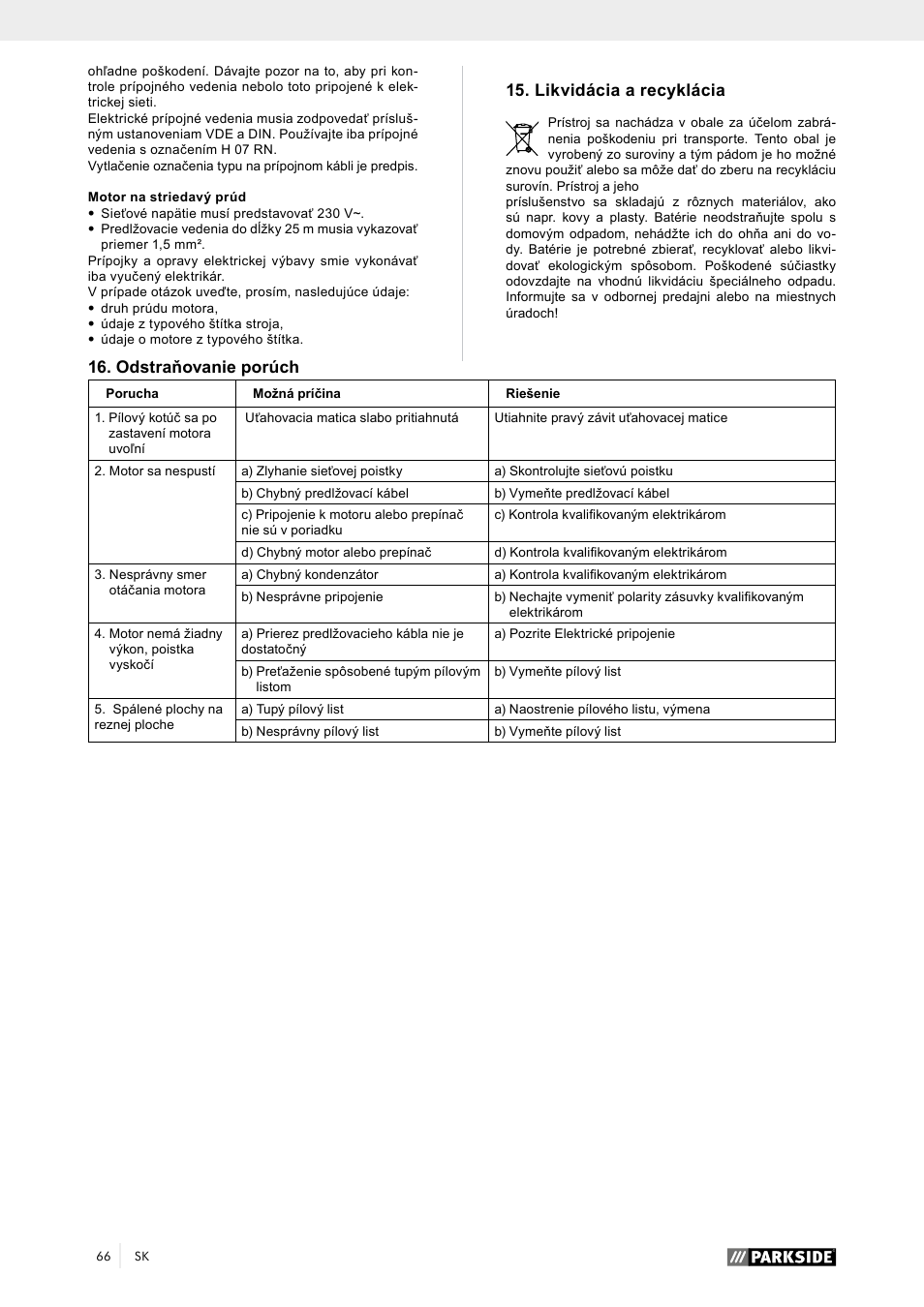 Likvidácia a recyklácia, Odstraňovanie porúch | Parkside PTK 2000 A1 User Manual | Page 71 / 90