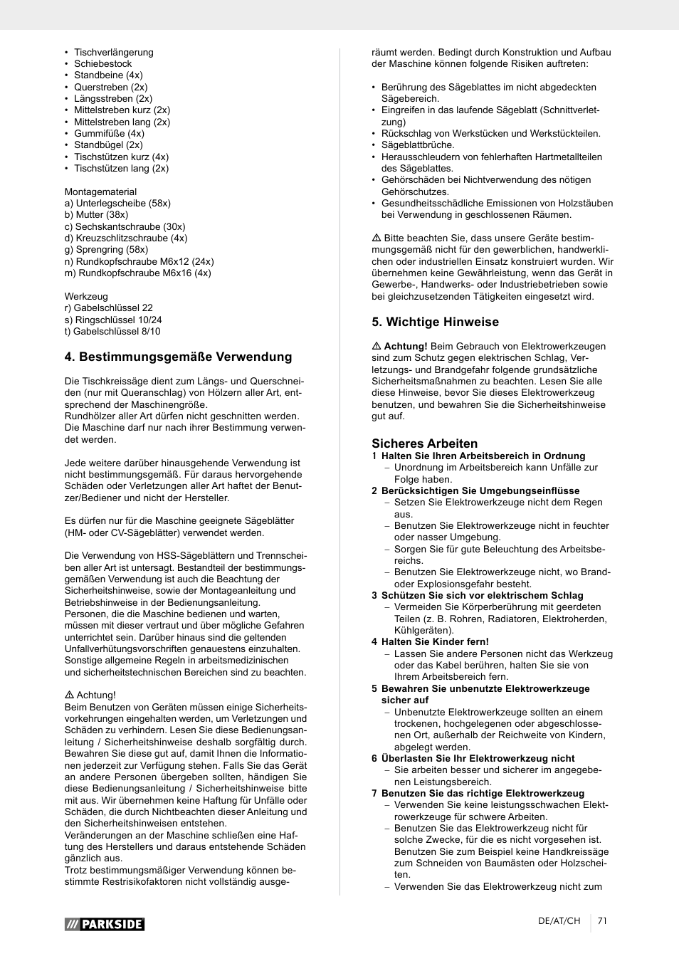 Bestimmungsgemäße verwendung, Wichtige hinweise, Sicheres arbeiten | Parkside PTK 2000 A1 User Manual | Page 76 / 90