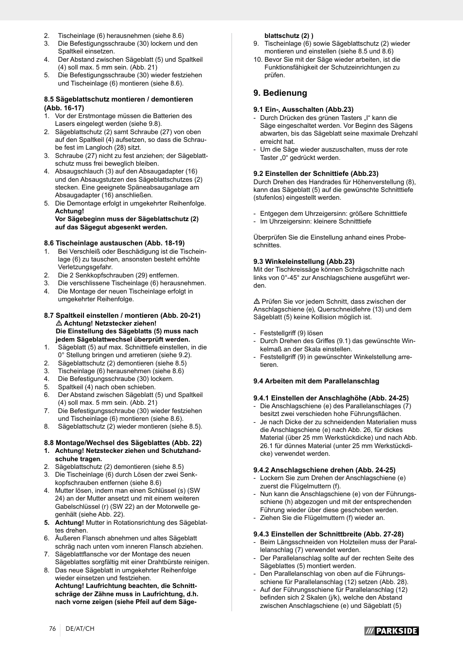 Bedienung | Parkside PTK 2000 A1 User Manual | Page 81 / 90