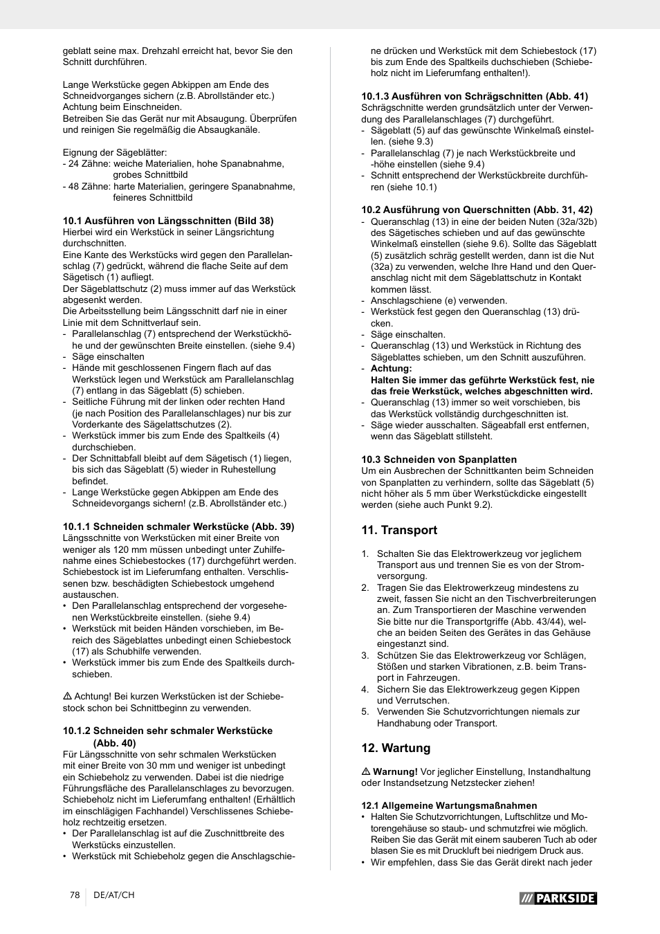 Transport, Wartung | Parkside PTK 2000 A1 User Manual | Page 83 / 90