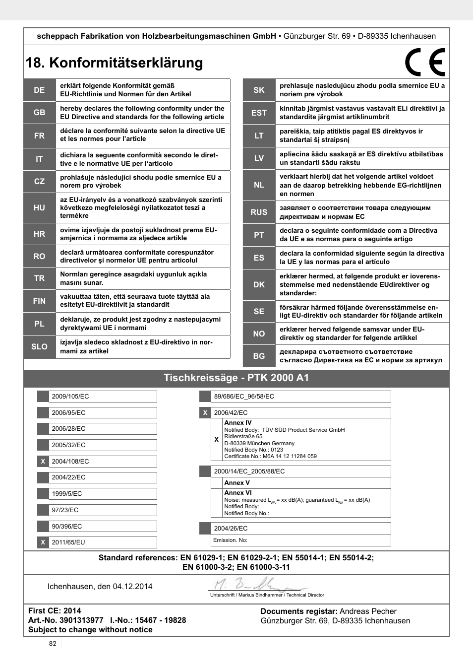 Konformitätserklärung | Parkside PTK 2000 A1 User Manual | Page 87 / 90