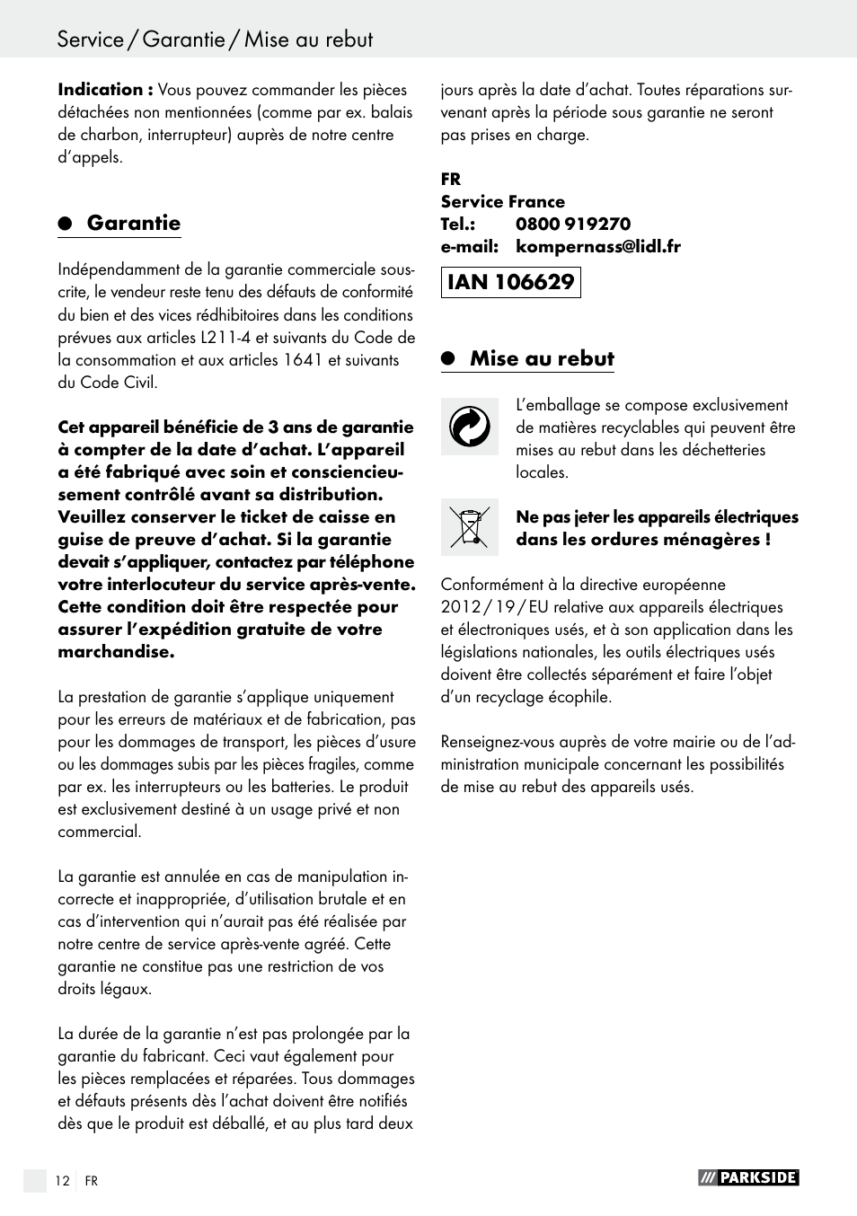 Garantie, Mise au rebut | Parkside PFS 710 B1 User Manual | Page 12 / 33