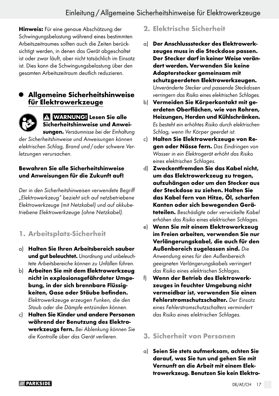 Arbeitsplatz-sicherheit, Elektrische sicherheit, Sicherheit von personen | Parkside PFS 710 B1 User Manual | Page 17 / 33