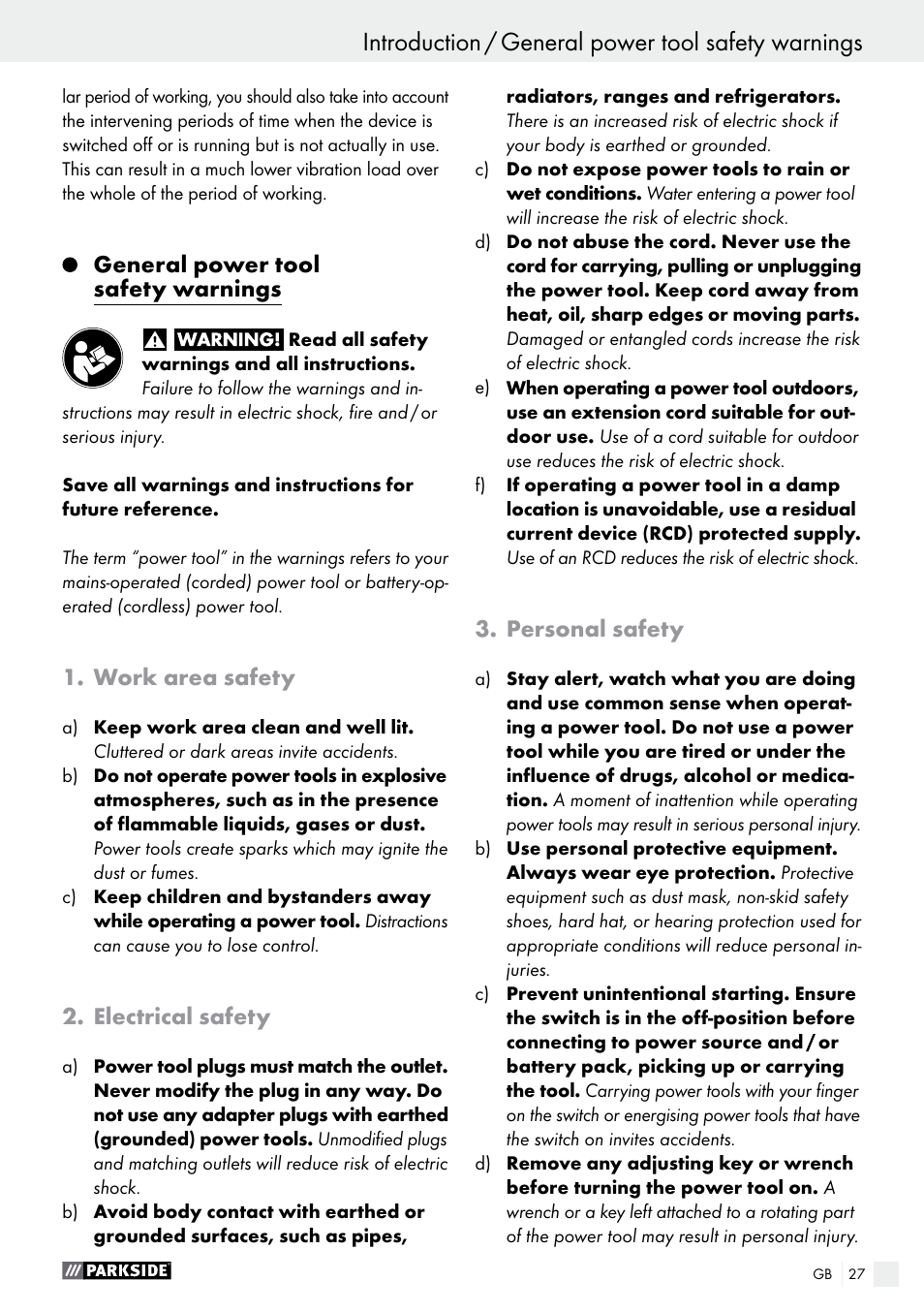 Introduction, Introduction / general power tool safety warnings, General power tool safety warnings | Work area safety, Electrical safety, Personal safety | Parkside PFS 710 B1 User Manual | Page 27 / 33