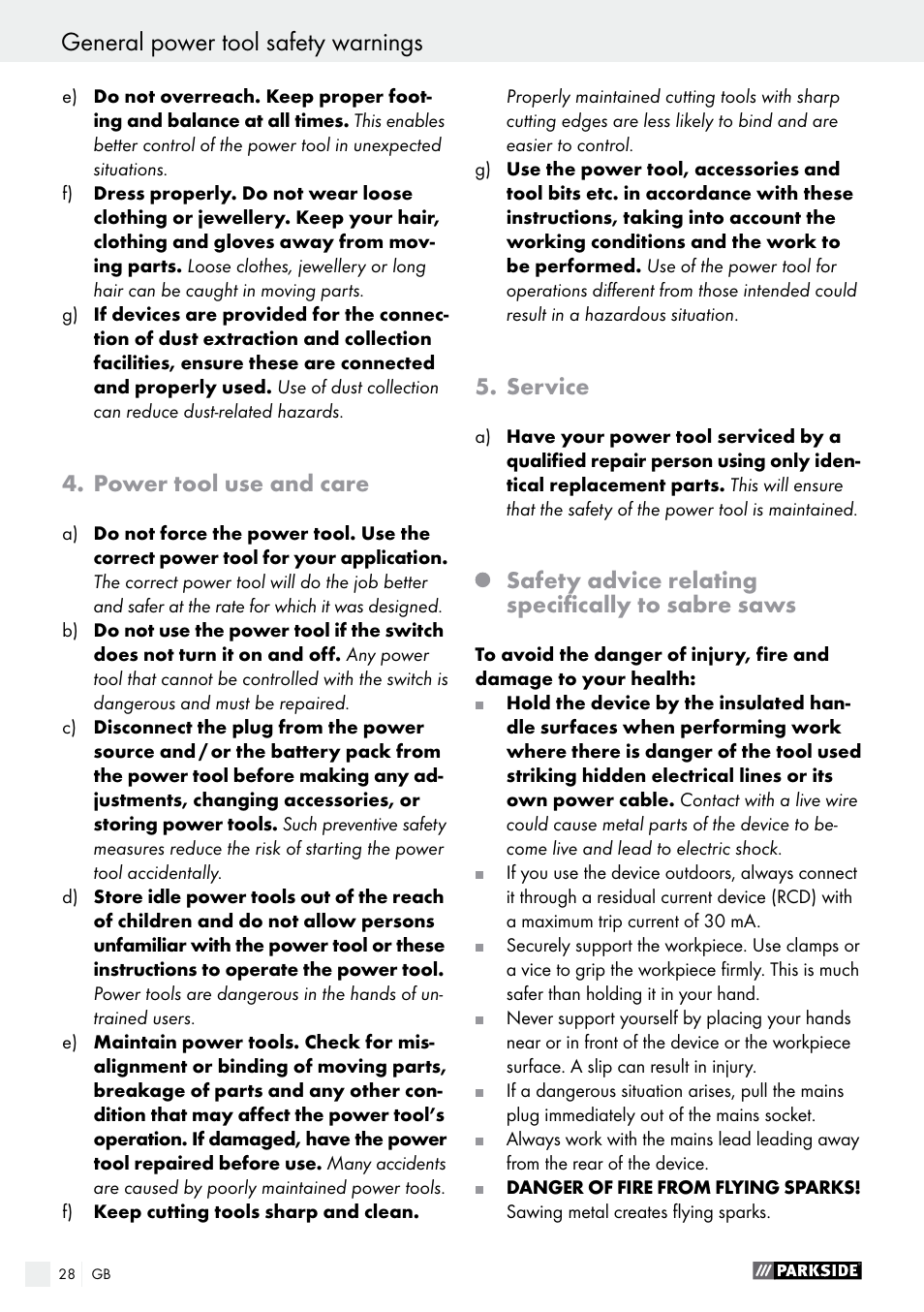 Power tool use and care, Service, Safety advice relating specifically to sabre saws | Parkside PFS 710 B1 User Manual | Page 28 / 33