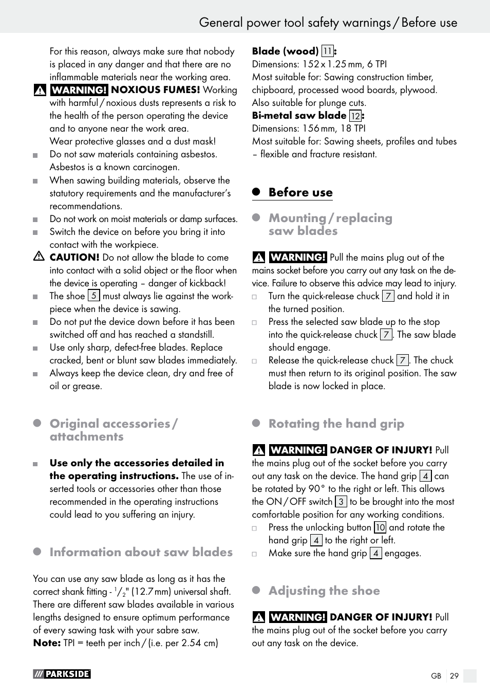 Original accessories / attachments, Information about saw blades, Before use | Mounting / replacing saw blades, Rotating the hand grip, Adjusting the shoe | Parkside PFS 710 B1 User Manual | Page 29 / 33