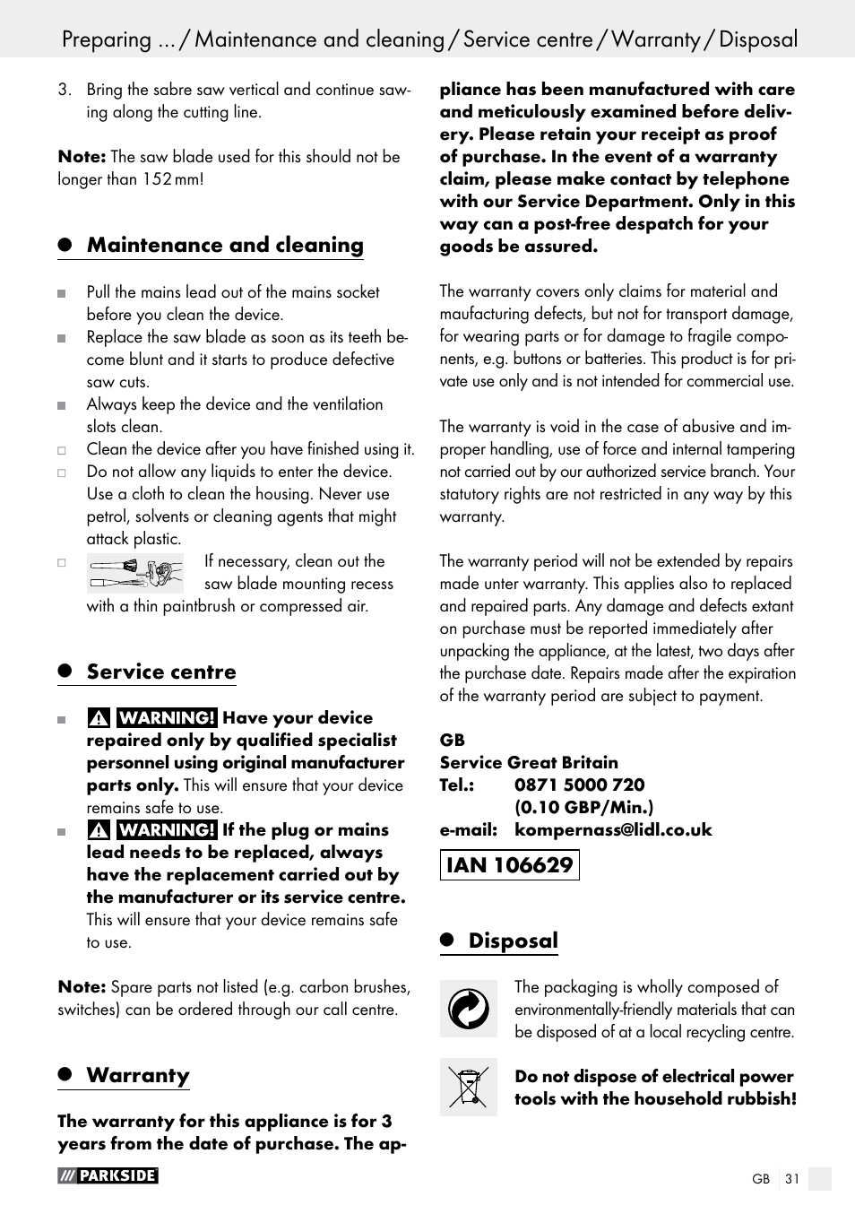 Maintenance and cleaning, Service centre, Warranty | Disposal | Parkside PFS 710 B1 User Manual | Page 31 / 33