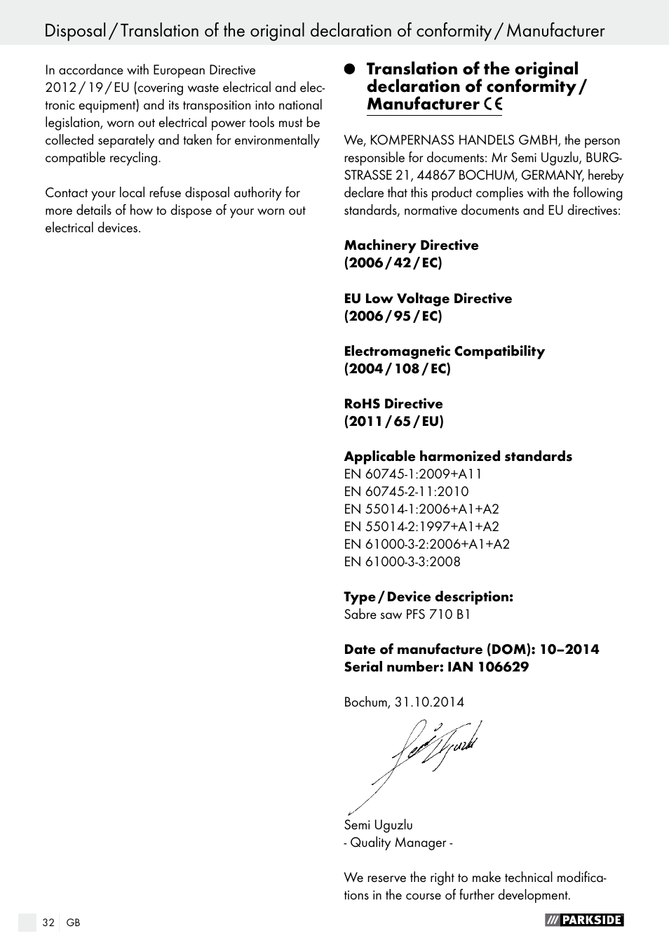Parkside PFS 710 B1 User Manual | Page 32 / 33