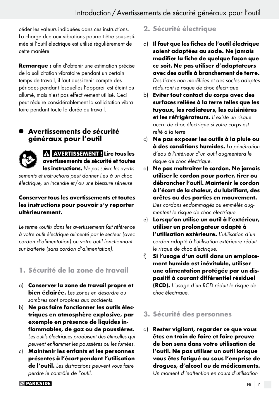 Avertissements de sécurité généraux pour l’outil, Sécurité de la zone de travail, Sécurité électrique | Sécurité des personnes | Parkside PFS 710 B1 User Manual | Page 7 / 33