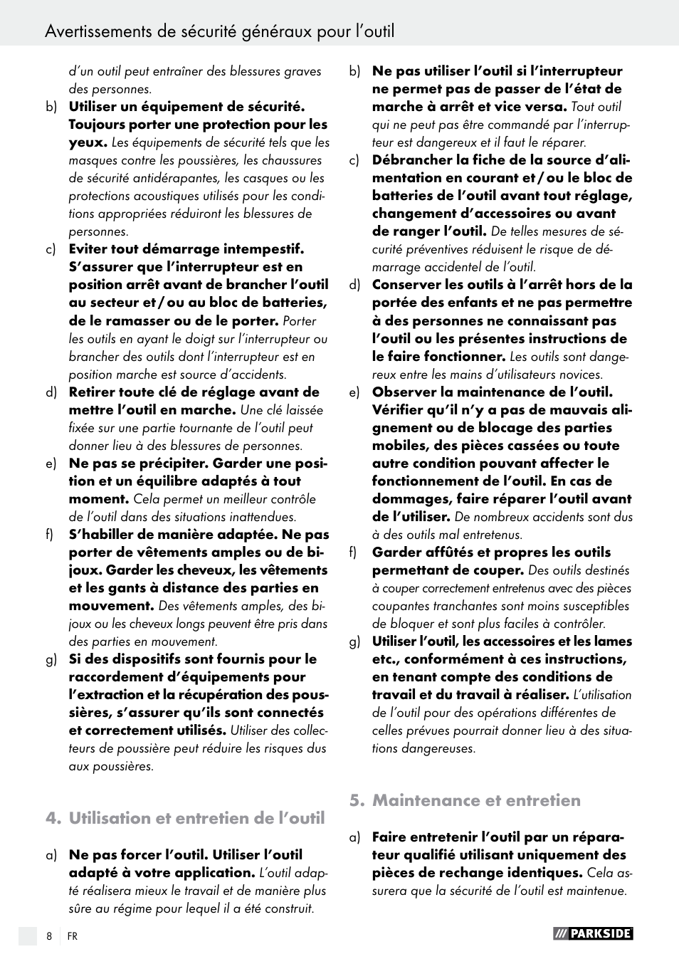 Avertissements de sécurité généraux pour l’outil, Utilisation et entretien de l’outil, Maintenance et entretien | Parkside PFS 710 B1 User Manual | Page 8 / 33