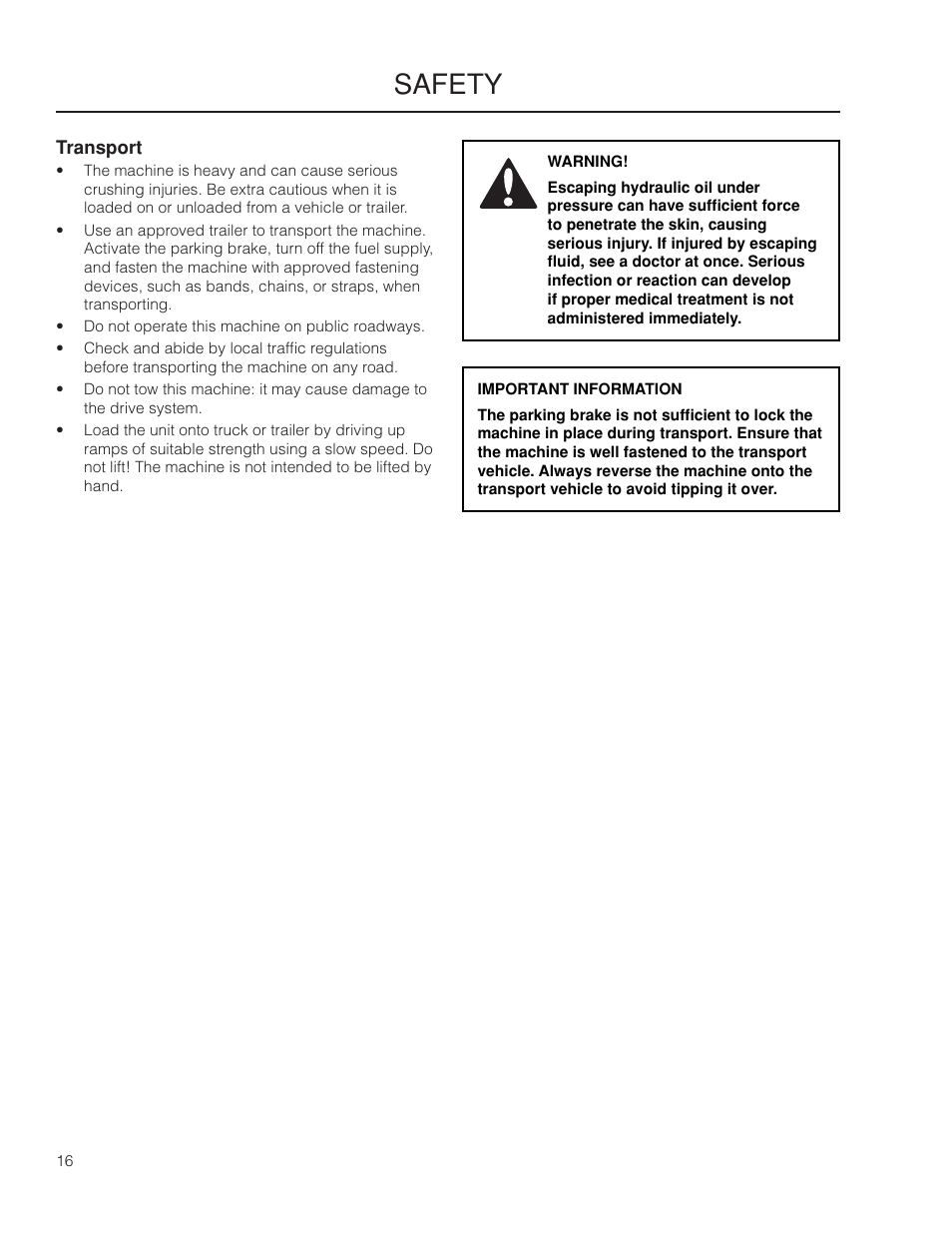 Transport, Safety | Dixon Grizzly SE 966516601 User Manual | Page 16 / 72