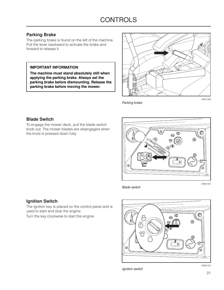 Parking brake, Blade switch, Ignition switch | Controls | Dixon Grizzly SE 966516601 User Manual | Page 21 / 72