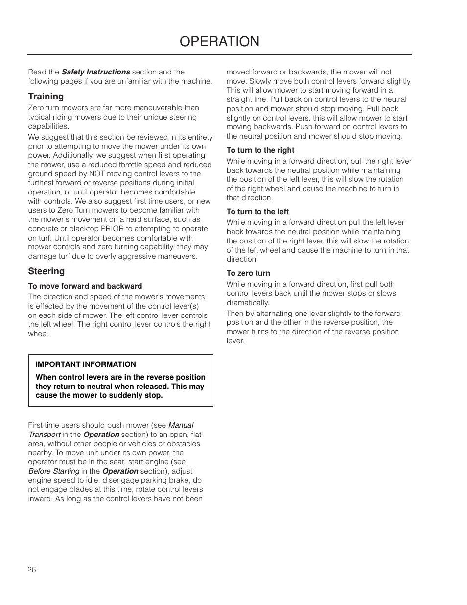 Operation, Training, Steering | Dixon Grizzly SE 966516601 User Manual | Page 26 / 72