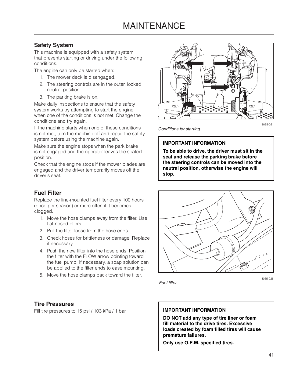 Safety system, Fuel filter, Tire pressures | Maintenance | Dixon Grizzly SE 966516601 User Manual | Page 41 / 72