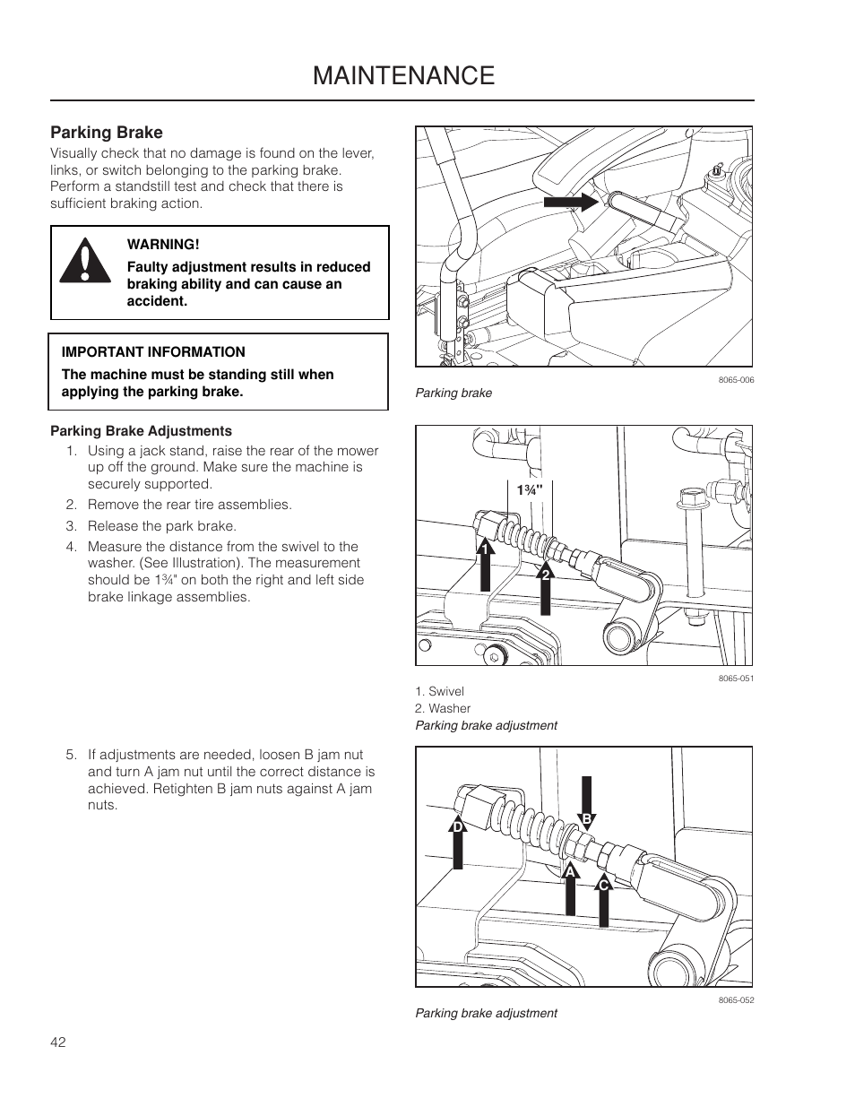 Parking brake, Parking brake adjustments, Maintenance | Dixon Grizzly SE 966516601 User Manual | Page 42 / 72