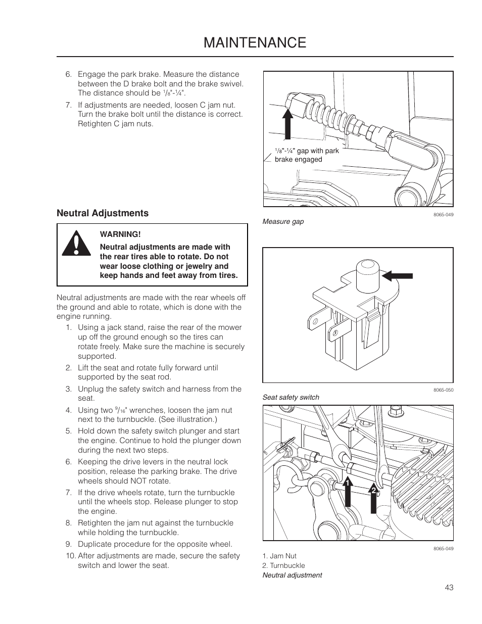 Neutral adjustments, Maintenance | Dixon Grizzly SE 966516601 User Manual | Page 43 / 72