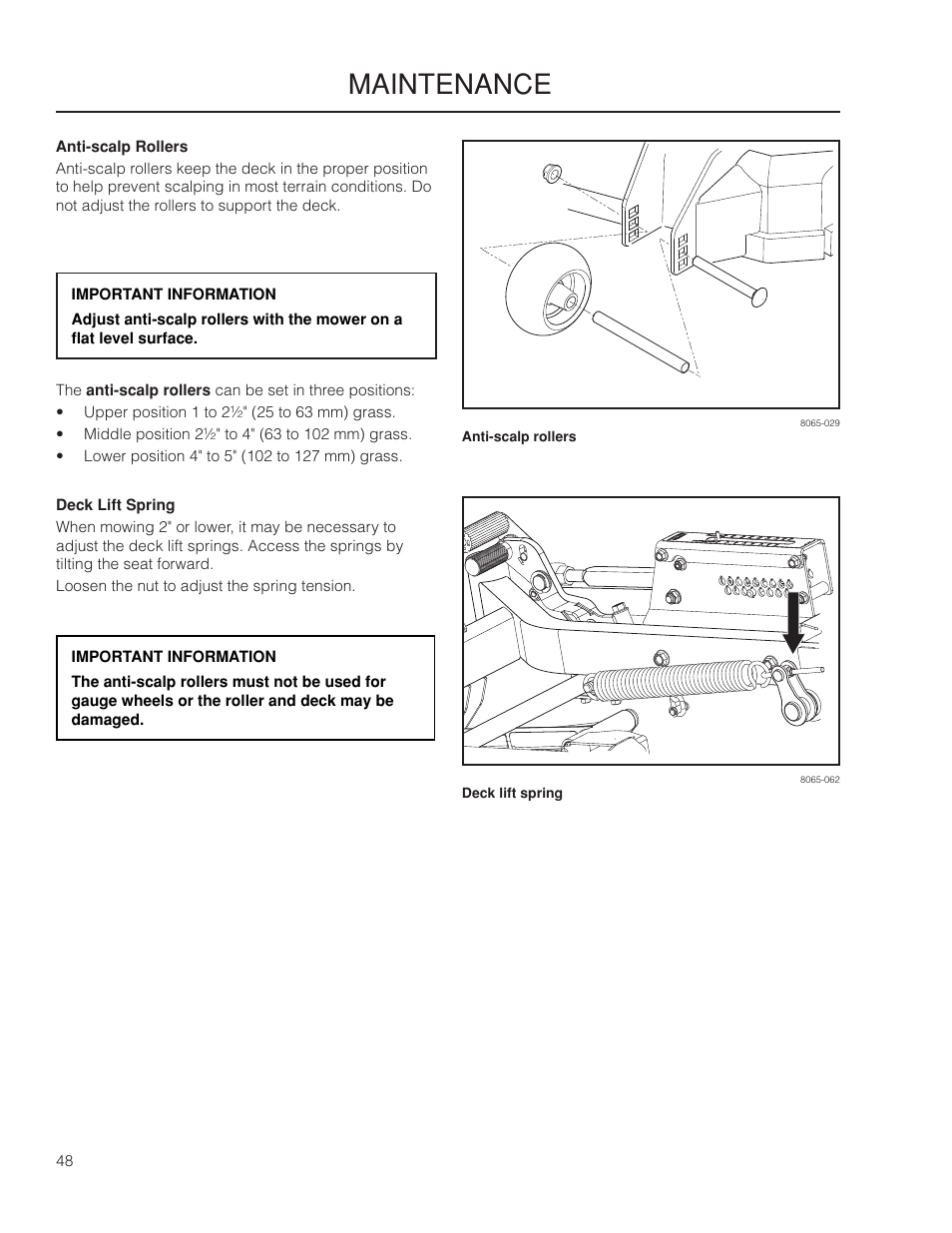 Anti-scalp rollers, Maintenance | Dixon Grizzly SE 966516601 User Manual | Page 48 / 72