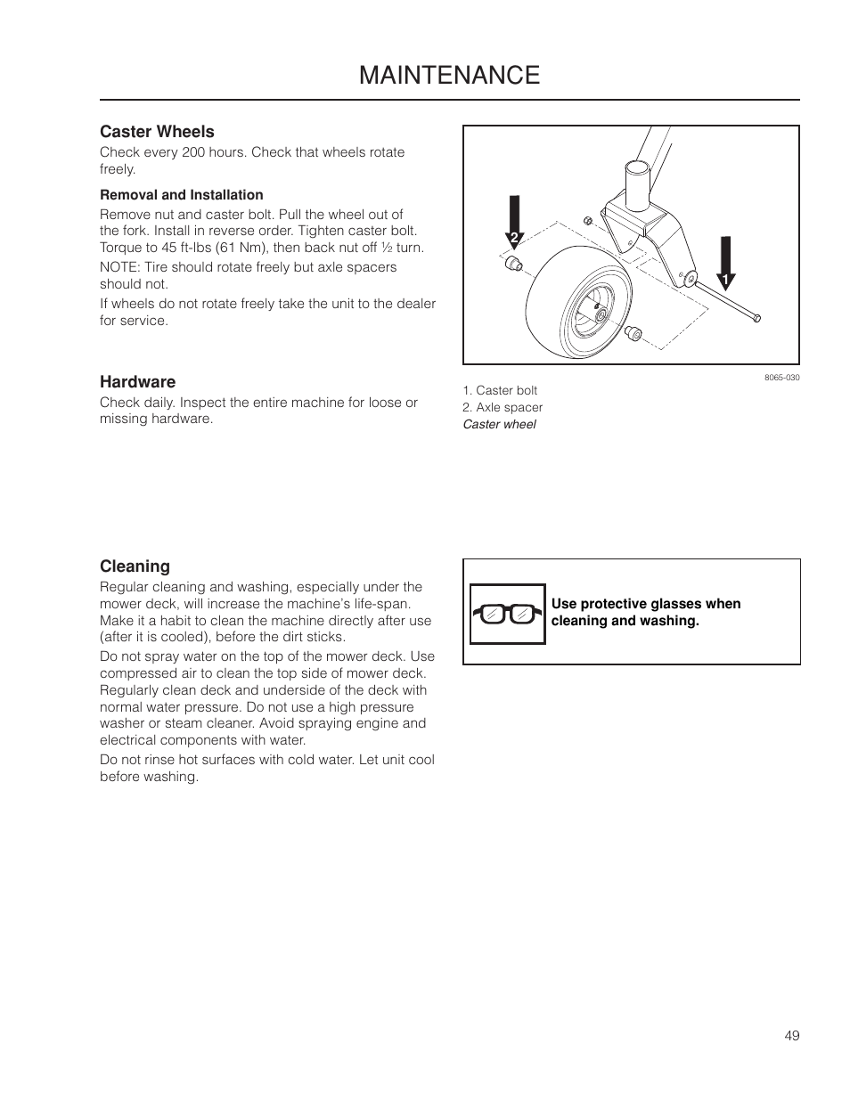 Caster wheels, Hardware, Cleaning | Maintenance | Dixon Grizzly SE 966516601 User Manual | Page 49 / 72