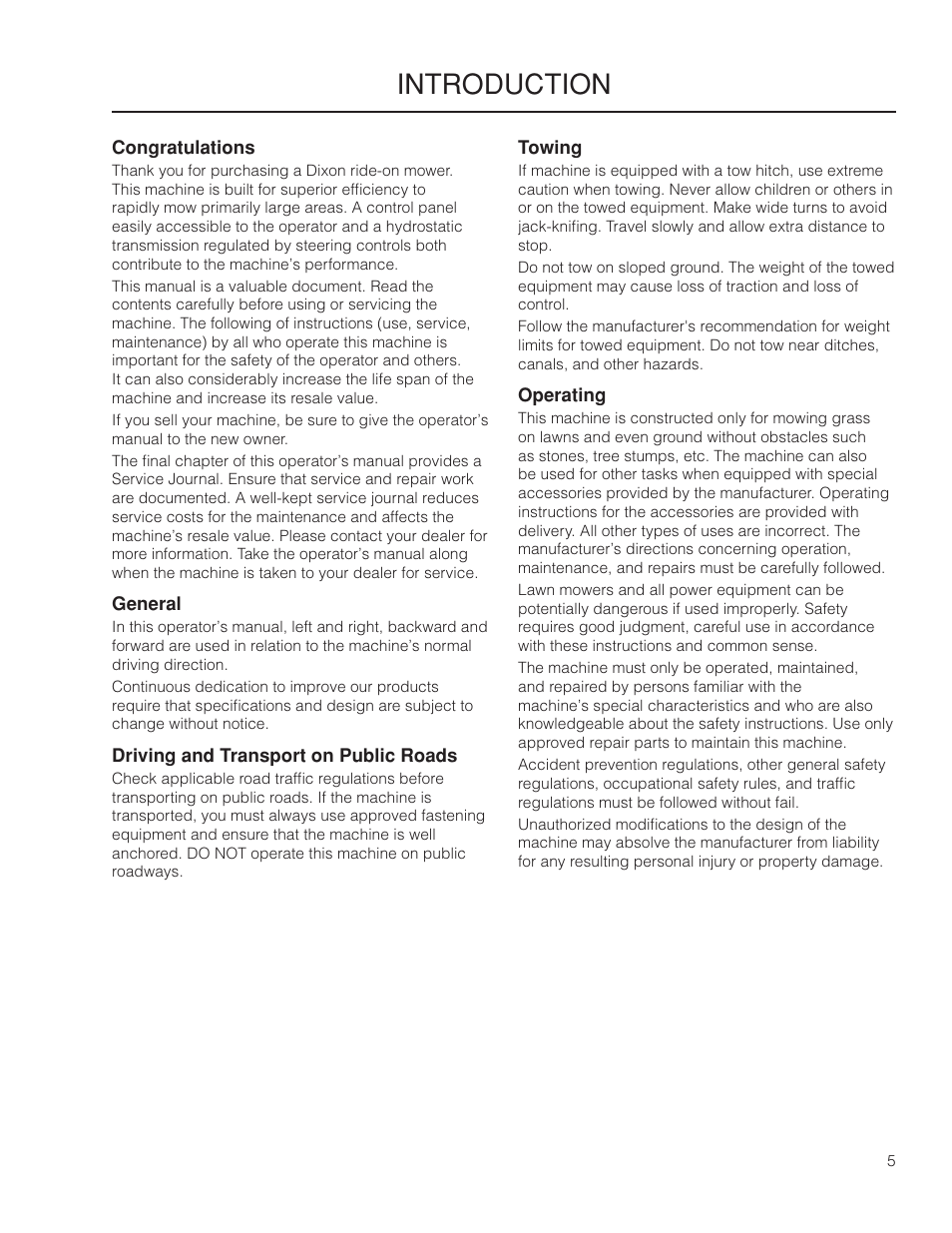 Introduction, Driving and transport on public roads, Towing | Operating | Dixon Grizzly SE 966516601 User Manual | Page 5 / 72