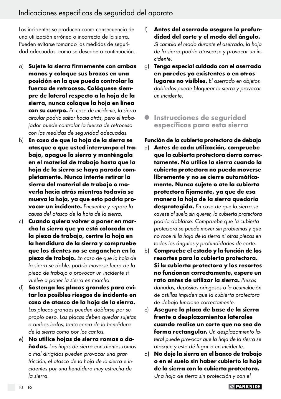 Indicaciones específicas de seguridad del aparato | Parkside PTS 500 A1 User Manual | Page 10 / 72