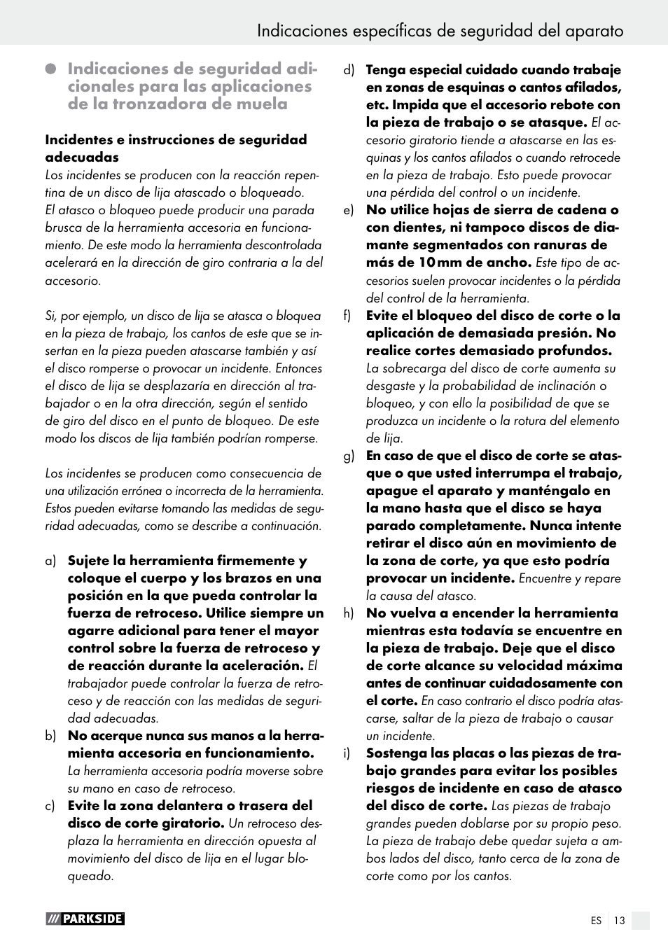 Indicaciones específicas de seguridad del aparato | Parkside PTS 500 A1 User Manual | Page 13 / 72