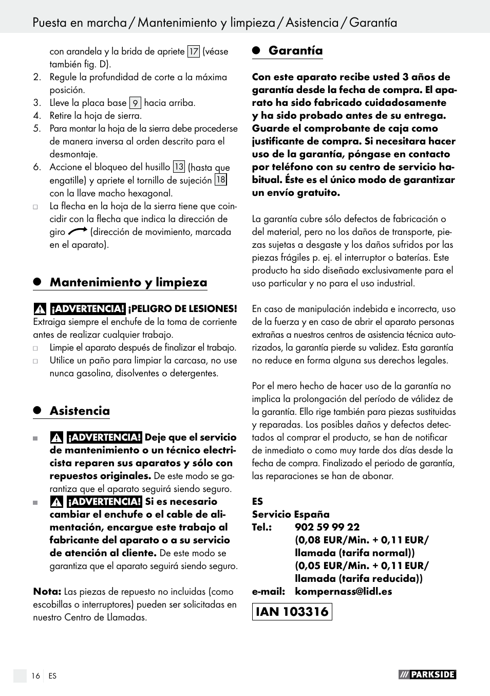 Mantenimiento y limpieza, Asistencia, Garantía | Parkside PTS 500 A1 User Manual | Page 16 / 72