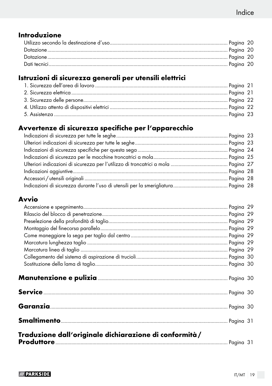 Indice | Parkside PTS 500 A1 User Manual | Page 19 / 72