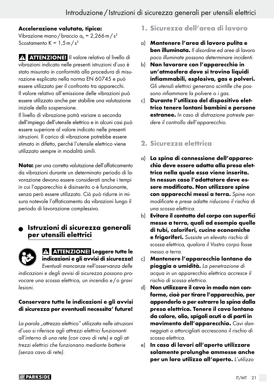 Introduzione, Sicurezza dell’area di lavoro, Sicurezza elettrica | Parkside PTS 500 A1 User Manual | Page 21 / 72