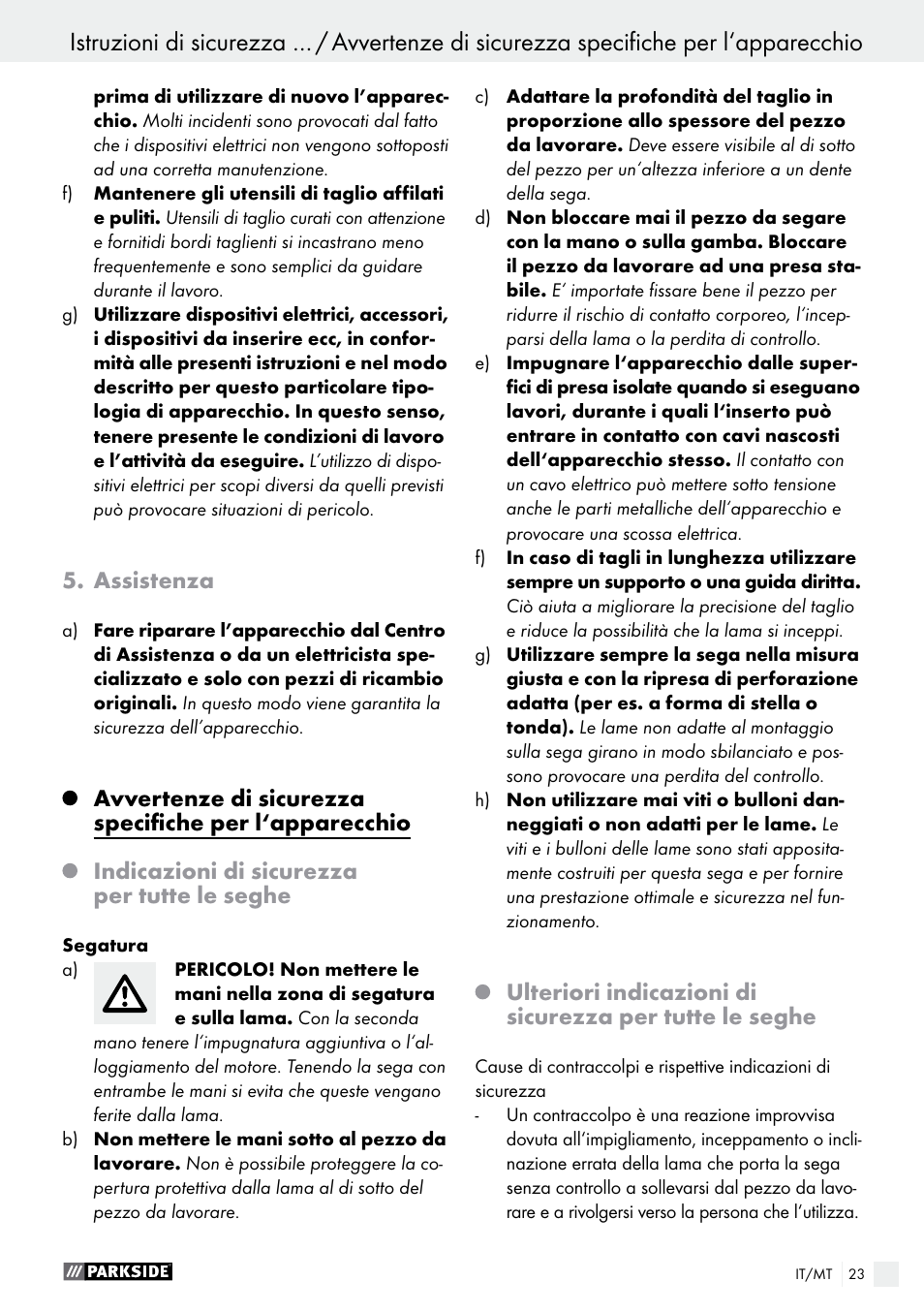 Assistenza, Indicazioni di sicurezza per tutte le seghe | Parkside PTS 500 A1 User Manual | Page 23 / 72
