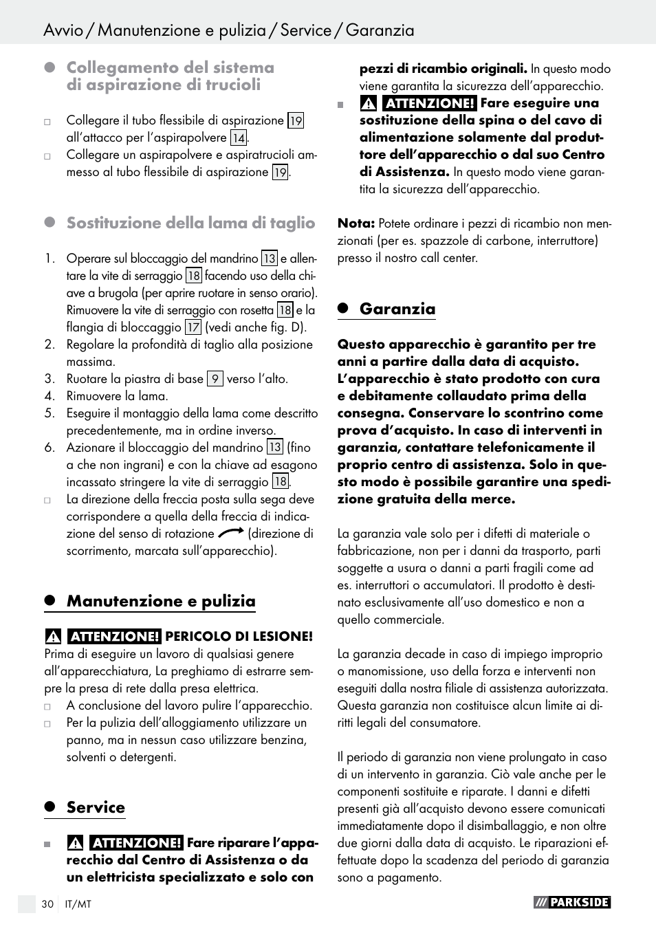 Sostituzione della lama di taglio, Manutenzione e pulizia, Service | Garanzia | Parkside PTS 500 A1 User Manual | Page 30 / 72