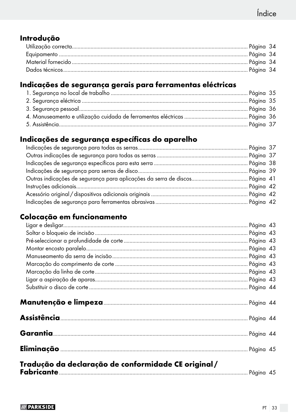 Índice | Parkside PTS 500 A1 User Manual | Page 33 / 72