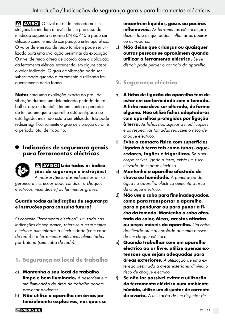 Segurança no local de trabalho, Segurança eléctrica | Parkside PTS 500 A1 User Manual | Page 35 / 72