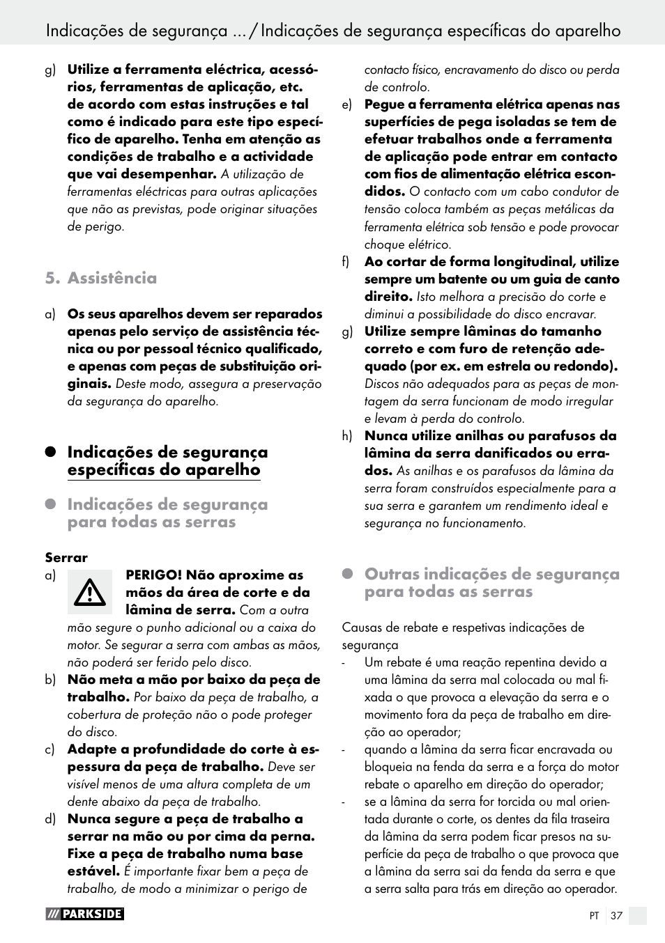 Assistência, Indicações de segurança específicas do aparelho, Indicações de segurança para todas as serras | Parkside PTS 500 A1 User Manual | Page 37 / 72