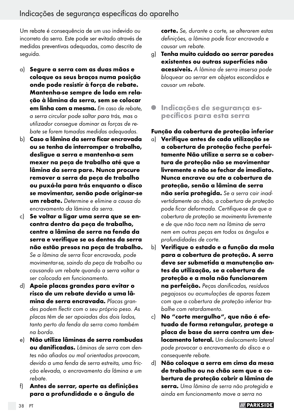 Indicações de segurança específicas do aparelho | Parkside PTS 500 A1 User Manual | Page 38 / 72