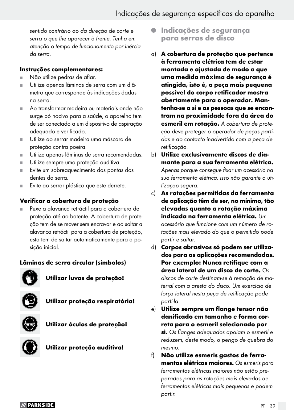 Indicações de segurança específicas do aparelho, Indicações de segurança para serras de disco | Parkside PTS 500 A1 User Manual | Page 39 / 72