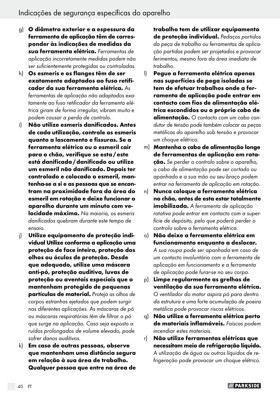 Indicações de segurança específicas do aparelho | Parkside PTS 500 A1 User Manual | Page 40 / 72