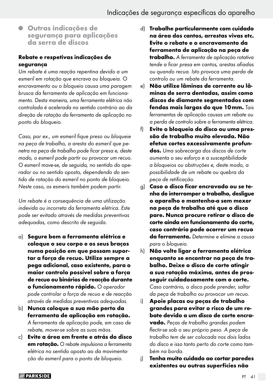 Indicações de segurança específicas do aparelho | Parkside PTS 500 A1 User Manual | Page 41 / 72