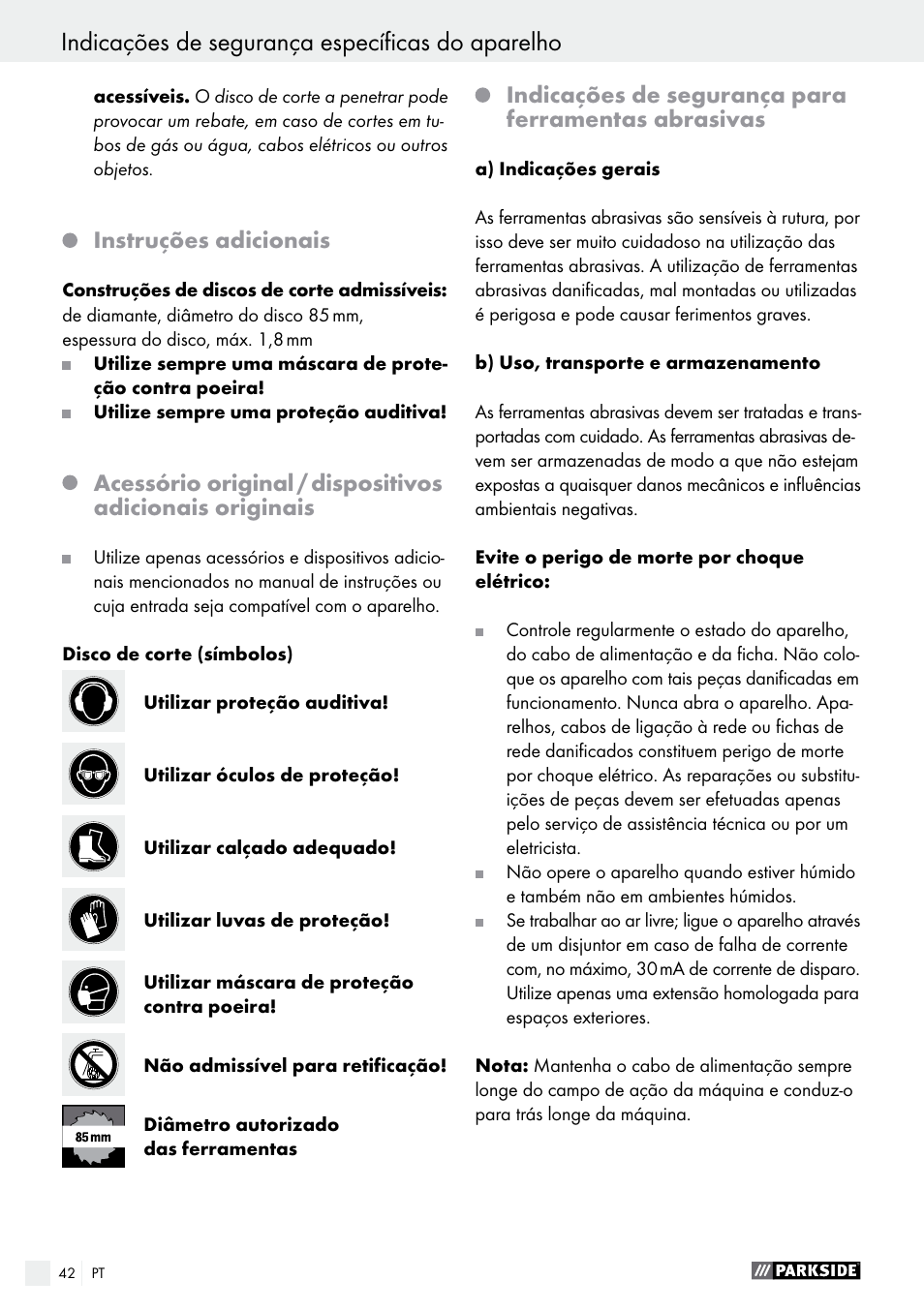 Instruções adicionais, Indicações de segurança para ferramentas abrasivas | Parkside PTS 500 A1 User Manual | Page 42 / 72