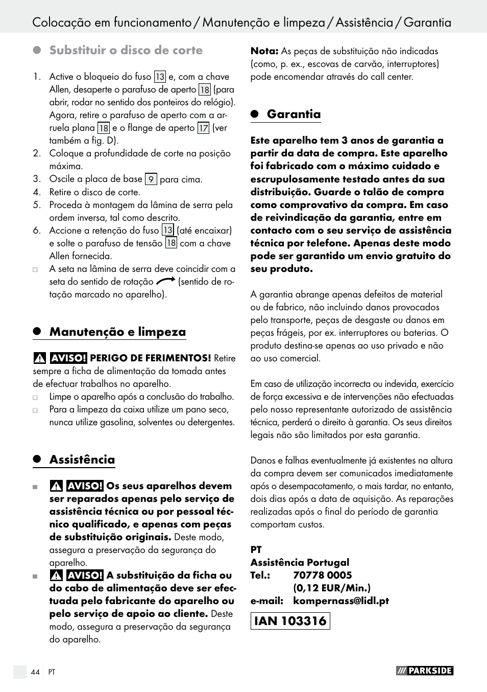 Substituir o disco de corte, Manutenção e limpeza, Assistência | Garantia | Parkside PTS 500 A1 User Manual | Page 44 / 72