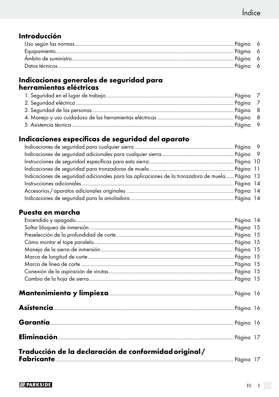 Índice | Parkside PTS 500 A1 User Manual | Page 5 / 72
