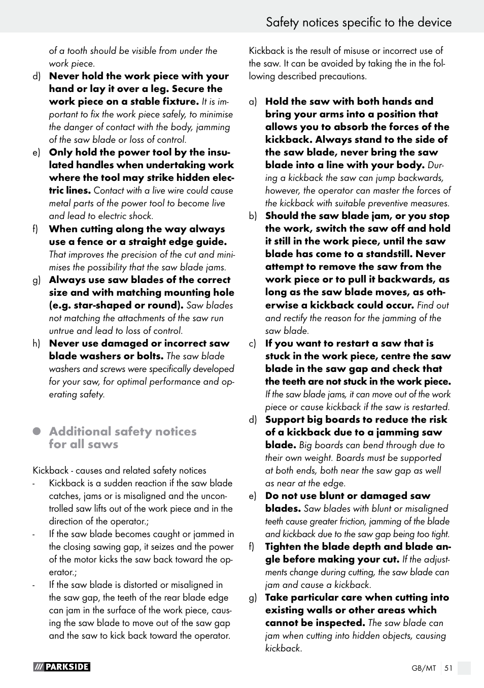Additional safety notices for all saws | Parkside PTS 500 A1 User Manual | Page 51 / 72
