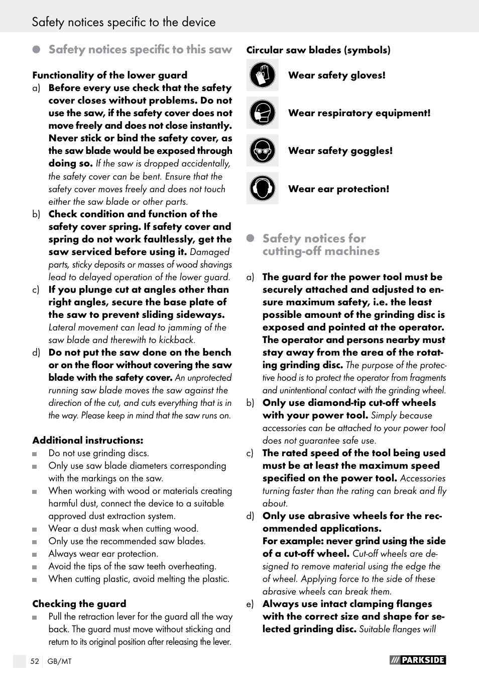 Safety notices specific to the device, Safety notices specific to this saw, Safety notices for cutting-off machines | Parkside PTS 500 A1 User Manual | Page 52 / 72