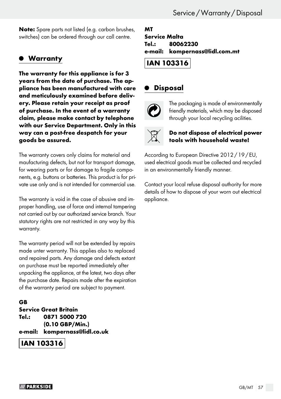 Warranty, Disposal | Parkside PTS 500 A1 User Manual | Page 57 / 72