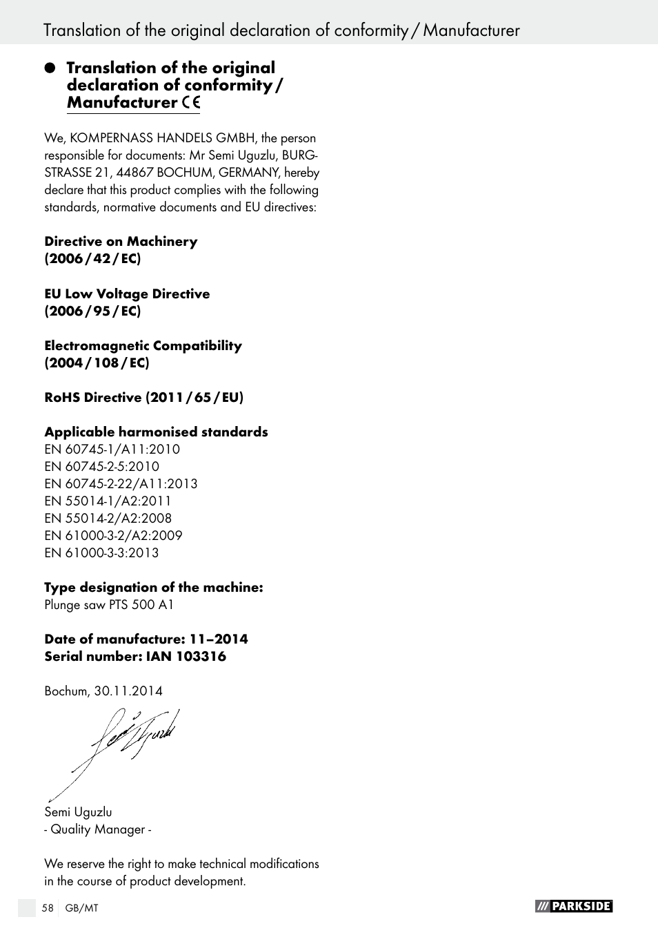 Parkside PTS 500 A1 User Manual | Page 58 / 72