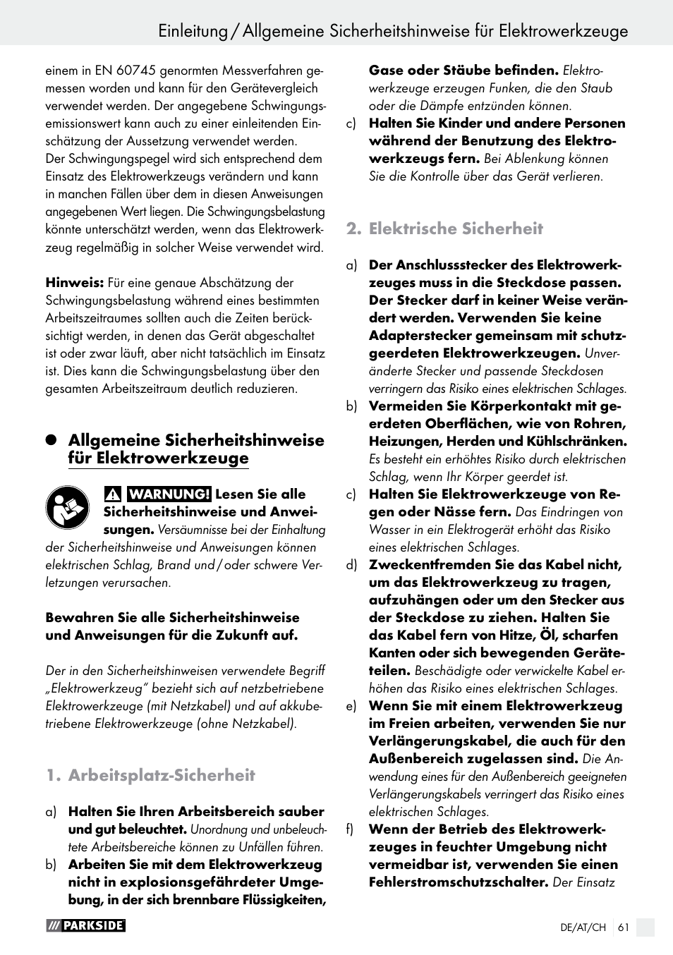 Arbeitsplatz-sicherheit, Elektrische sicherheit | Parkside PTS 500 A1 User Manual | Page 61 / 72