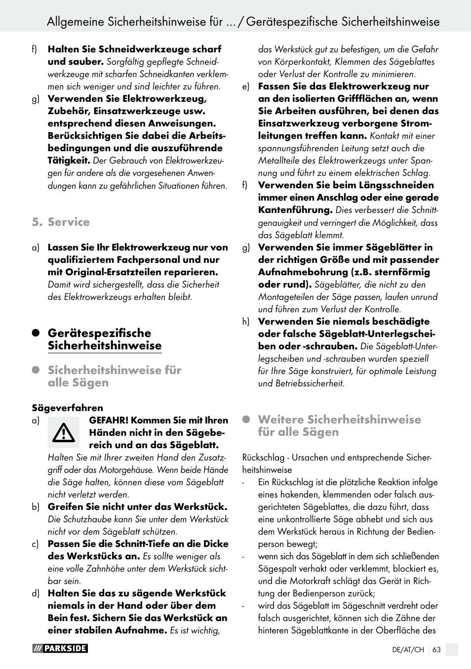 Service, Gerätespezifische sicherheitshinweise, Sicherheitshinweise für alle sägen | Weitere sicherheitshinweise für alle sägen | Parkside PTS 500 A1 User Manual | Page 63 / 72