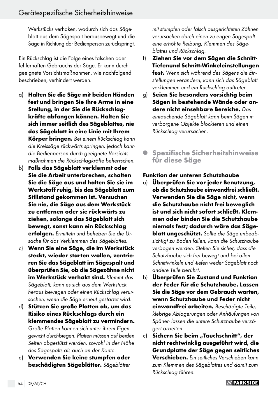 Gerätespezifische sicherheitshinweise, Spezifische sicherheitshinweise für diese säge | Parkside PTS 500 A1 User Manual | Page 64 / 72