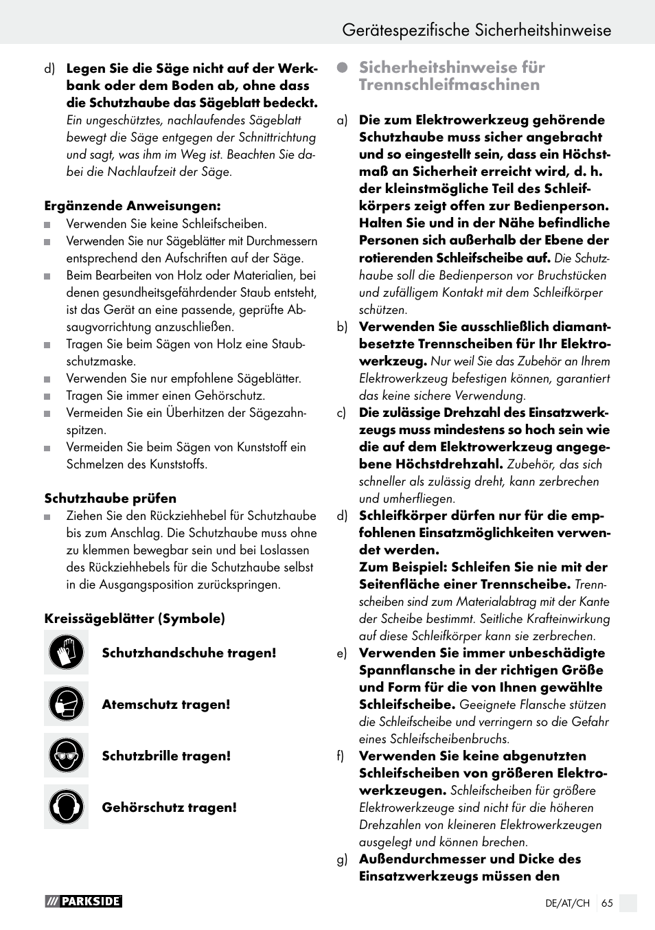 Gerätespezifische sicherheitshinweise, Sicherheitshinweise für trennschleifmaschinen | Parkside PTS 500 A1 User Manual | Page 65 / 72